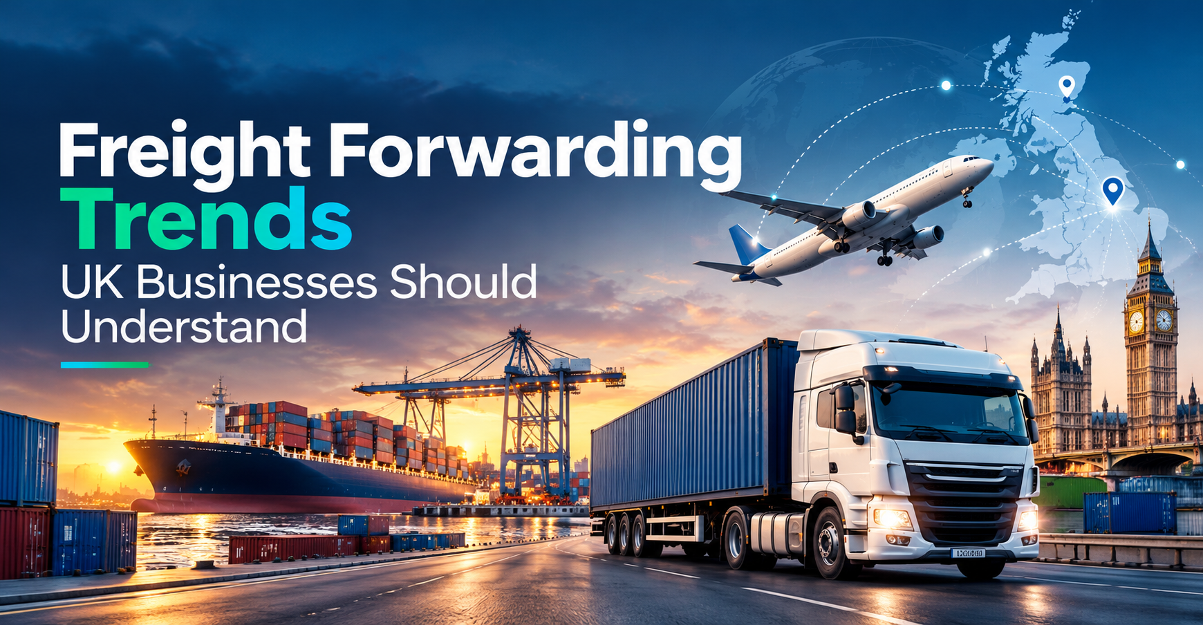 Freight forwarder UK trends featuring air cargo, sea freight, and road transportation